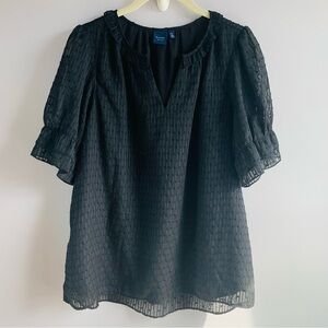 Kaari Blue Blouse Top Black Dots Ruffle Puff Sleeve Cute Fun Party Casual Small